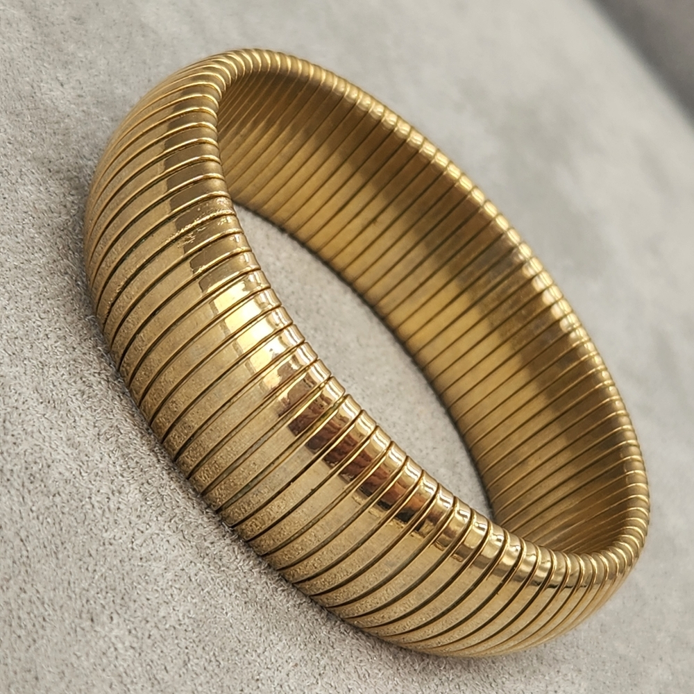 Vintage 90s Bracelet Golden Tone Metallic Wide Ribbed Shiny Striped Mobwife